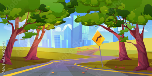 Nature landscape with road, city on horizon, trees and clouds in sky. Summer scene with empty highway, green fields, road sign and town buildings, vector cartoon illustration