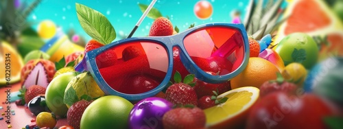 Sunglasses with Freshy Fruits Background  Summer Festive Time Concept. Generative Ai