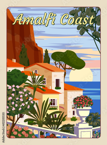 Amalfi Coast Italy, mediterranean romantic landscape, mountains, seaside town, sea. Retro poster travel photo