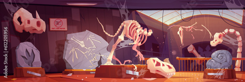 Abandoned museum and broken fossil dinosaur cartoon vector exhibit. Tyrannosaurus paleontology disaster illustration. Dirty old jurassic gallery room interior with spider web on window and bone