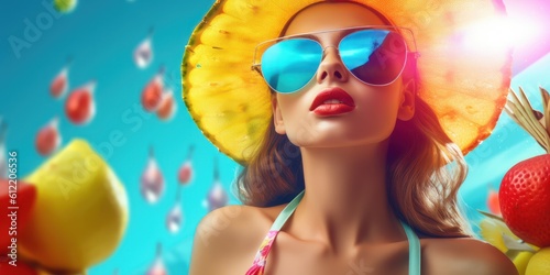 Beautiful Young Woman with Sunglasses  Summer Festive Time Background. Generative Ai