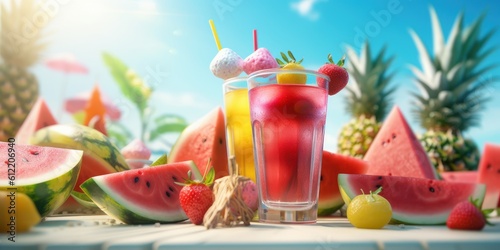 Freshy Fruit Juice Background with Various Fruits, Summer Festive Time. Generative Ai