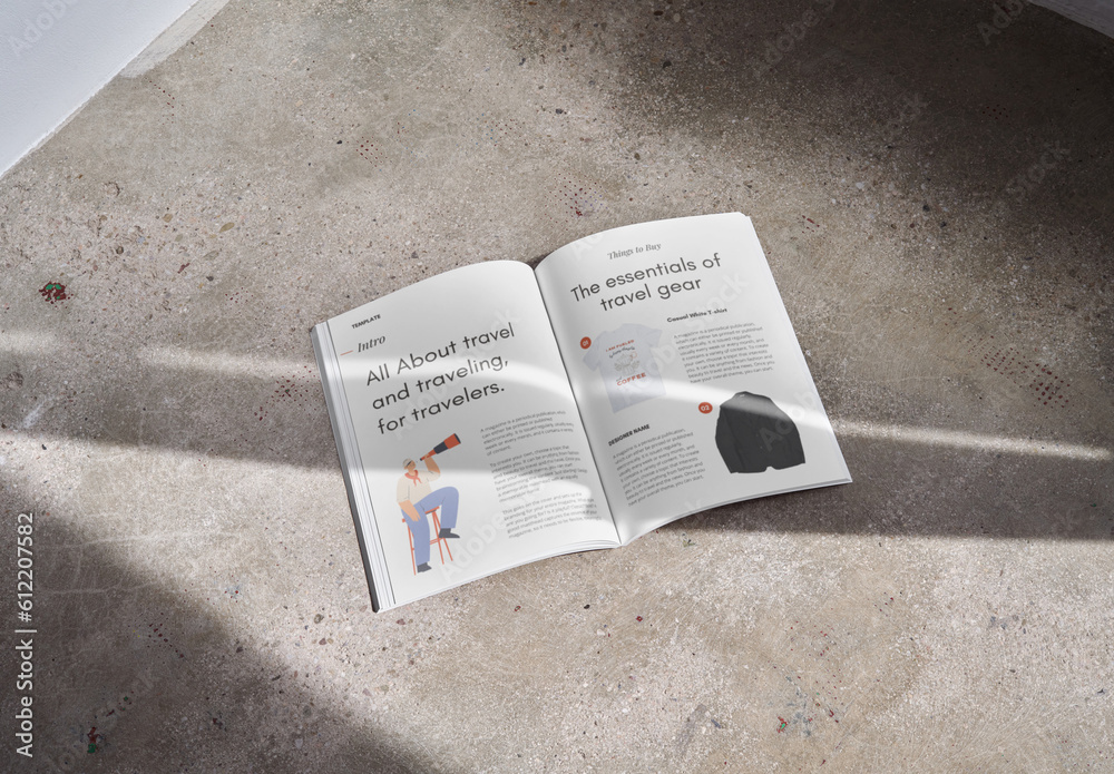 Mockup of open A4 magazine with customizable content against industrial ...