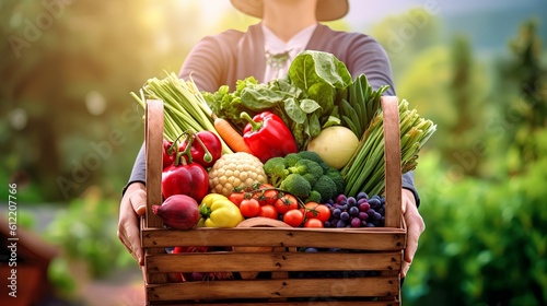 Farmers market, featuring a shopping basket filled with a vibrant assortment of organic, locally sourced fruits and vegetables. Sustainable agriculture and conscious consumer choices. Generative AI