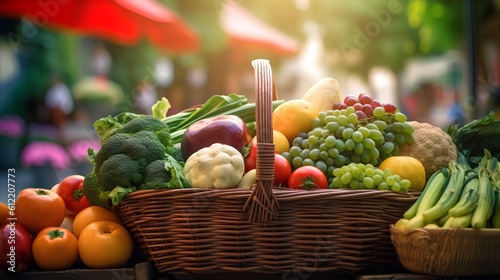 Farmers market, featuring a shopping basket filled with a vibrant assortment of organic, locally sourced fruits and vegetables. Sustainable agriculture and conscious consumer choices. Generative AI © TensorSpark