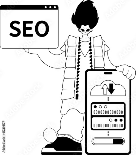 valet and server . cloud memory and SEO capable . black and washcloth line artwork. Trendy style, Vector Illustration