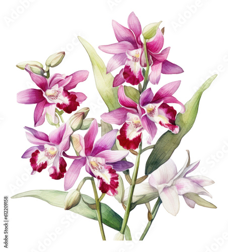 Beautiful purple Dendrobium orchids flowers. Hand drawn watercolor painting isolated Generative AI.