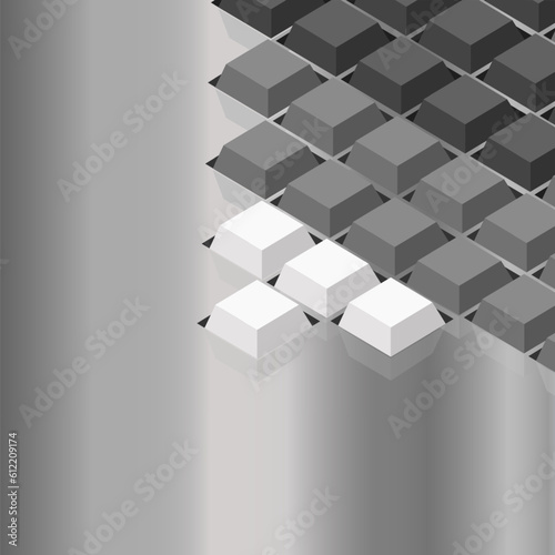 Keyboard button 3 colors White, gray and black are arranged in 3 rows. on a shiny metal surface.