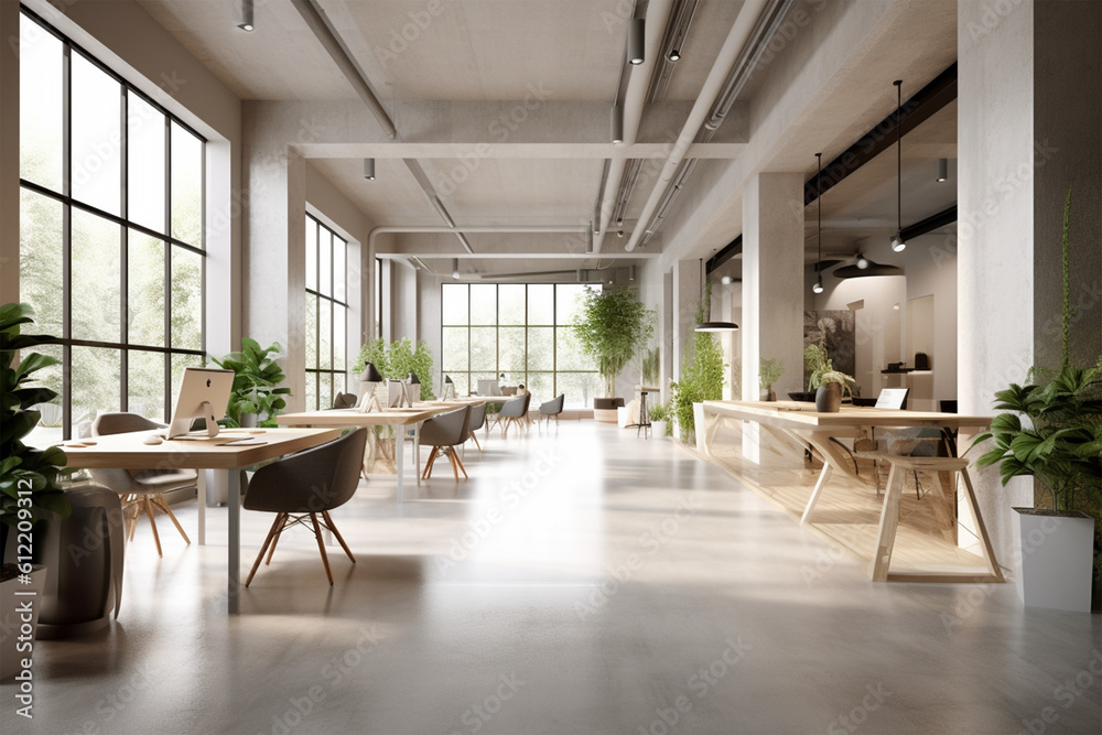 Fototapeta premium an office with wood desks and glass walls, in the style of high detailed, grey academia, wood, photo-realistic landscapes, vintage minimalism, light silver and light brown