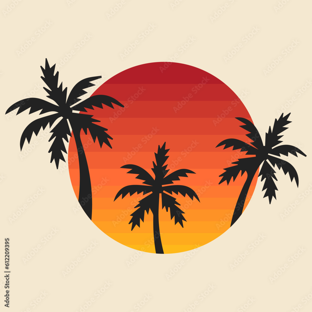 summer beach, palm tree, retro, silhouettt logo vector illustration