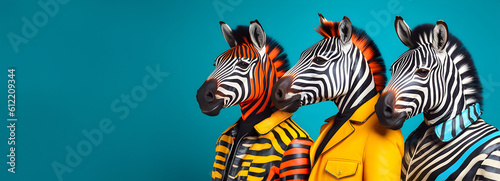 Creative animal concept. Zebra in a group  vibrant bright fashionable outfits isolated on solid background advertisement  copy text space. birthday party invite invitation banner 