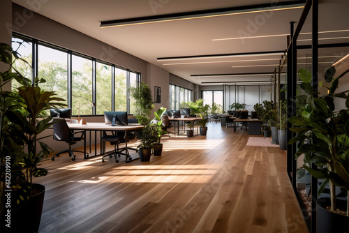 an office with wood desks and glass walls  in the style of high detailed  grey academia  wood  photo-realistic landscapes  vintage minimalism  light silver and light brown