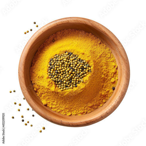 Top view of Mustard spice in an earthen pot isolated on white background, Generative ai