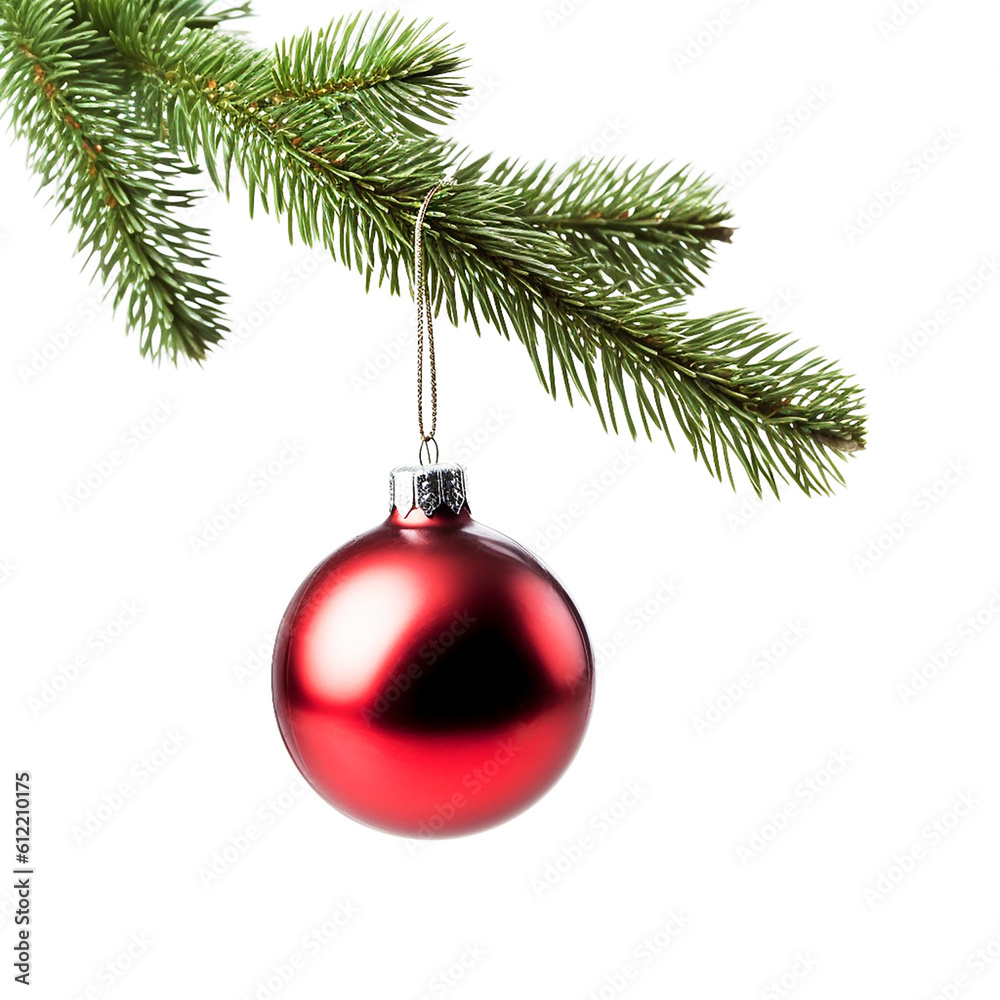 Green spruce tree and red shiny toy. Isolated branch and holiday decor on white background. Merry Christmas. Happy New Year Green spruce tree and red shiny toy. Isolated branch and holiday decor on white background. Merry Christmas. Happy New Year