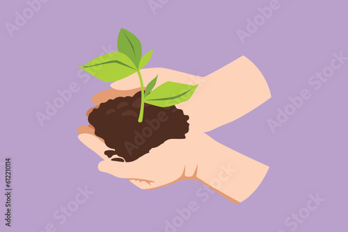 Cartoon flat style drawing hand holding sprout wilde pine tree in nature green forest. Earth Day save environment concept. Growing seedling forester planting icon. Graphic design vector illustration