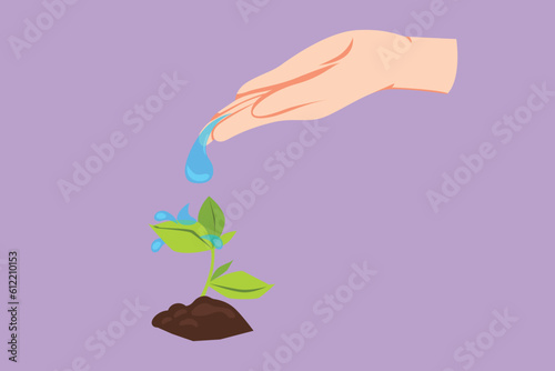 Character flat drawing hand of human nurturing and watering young baby plants growing in germination sequence on fertile soil. Agriculture ecology logo, icon, label. Cartoon design vector illustration