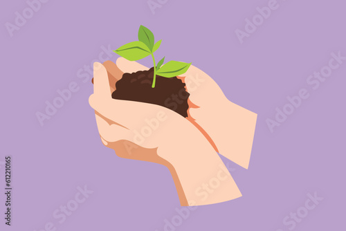 Cartoon flat style drawing hands of the farmer are planting the seedlings into the soil. Hand holding tree on nature field grass. Agriculture ecology concept, logo. Graphic design vector illustration