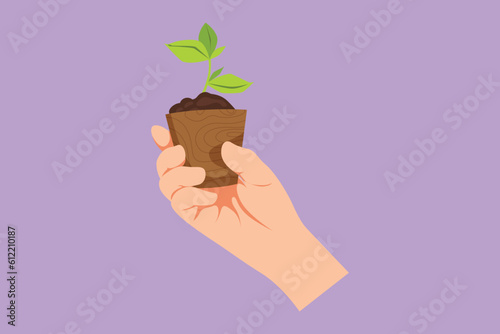 Character flat drawing agronomist holding seedlings in peat pots. Female hands touching the plants for planting tree. The spring planting logo, icon, label, symbol. Cartoon design vector illustration