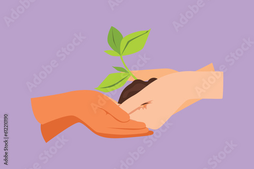 Cartoon flat style drawing side view of two hands holding together a green young plant. Hand holding tree on nature field grass symbol. Forest conservation concept. Graphic design vector illustration