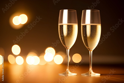 Two glasses with champagne on many beautiful colorful fireworks in night sky background, Merry Christmas and Happy New Year, Generative AI