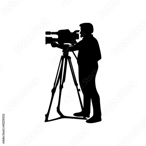 Cameraman silhouette or videographer man standing to operation professional camcorder with tripod. Icon vector illustration in trendy style. Editable graphic resources for many purposes.