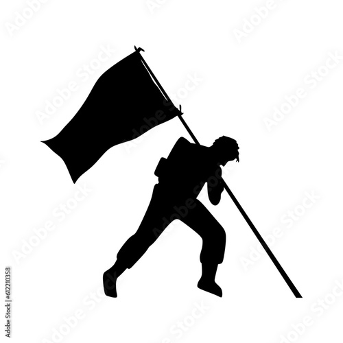 Flag raising silhouette. Silhouette of a soldier sticking a flag into the ground. Icon vector illustration in trendy style. Editable graphic resources for many purposes.