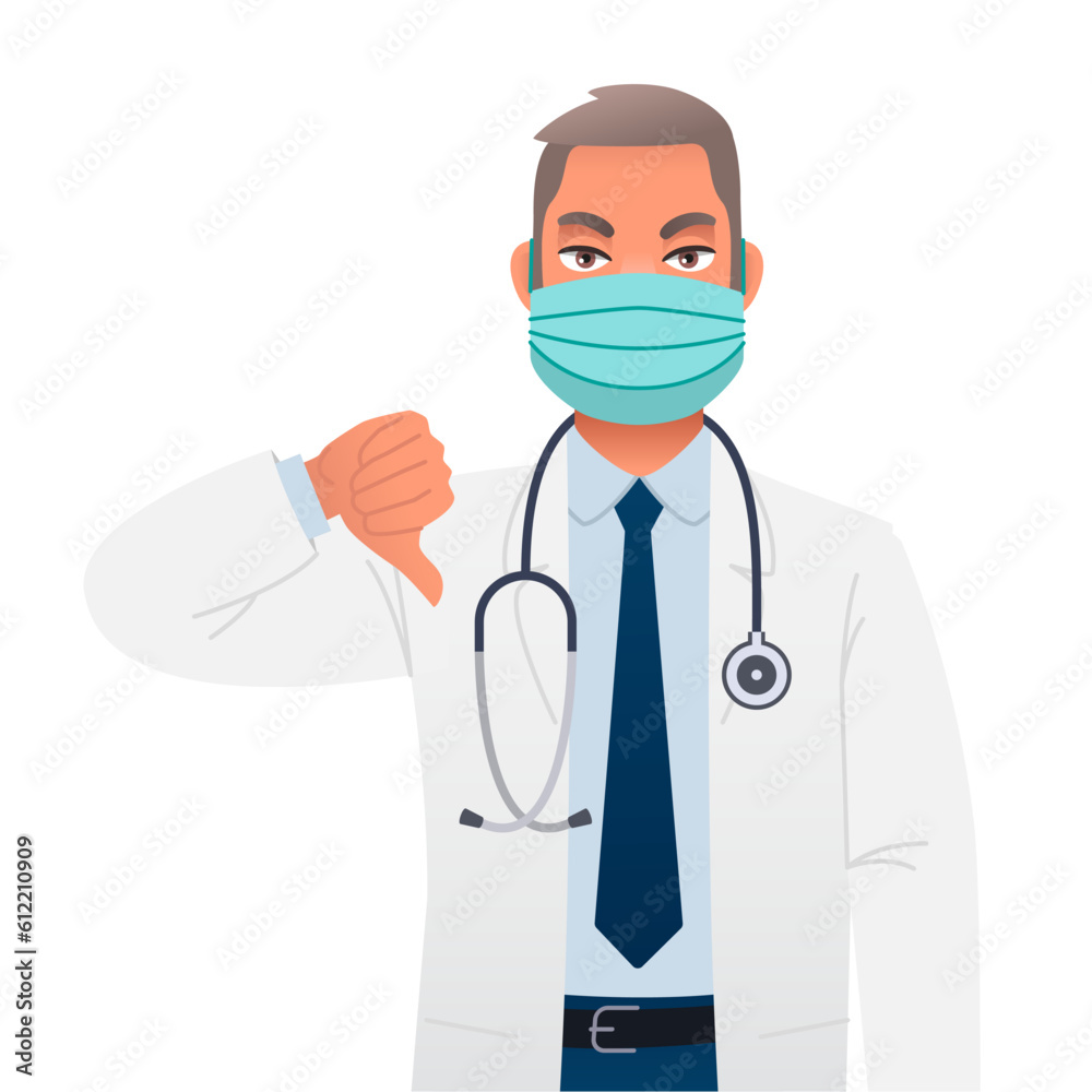 Doctor is wearing a protective mask and shows a dislike. The head physician is a therapist in a white coat with a stethoscope. A successful confident bearded man.