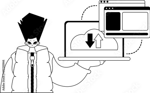 The Man with the browser that synchronizes the datum . Cloud storehouse theme . black and ashen line art. Trendy style, Vector Illustration