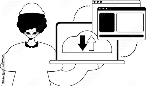 The Man with the browser that synchronizes the datum . Cloud storehouse theme . black and ashen trace artwork. Trendy style, Vector Illustration
