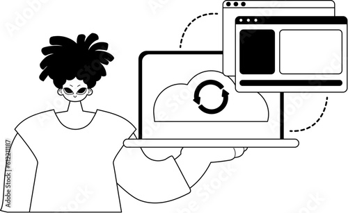 The Man with the browser that synchronizes the datum . Cloud storehouse composition . black and ashen touch artwork. Trendy style, Vector Illustration