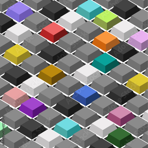 The cubes, which look like keyboard keys, are arranged in a large number of different colors.