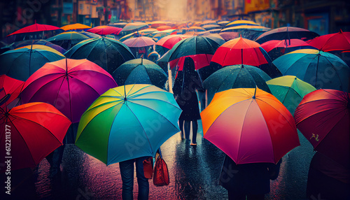 colorful umbrella open in the crowded street on the street Generative AI
