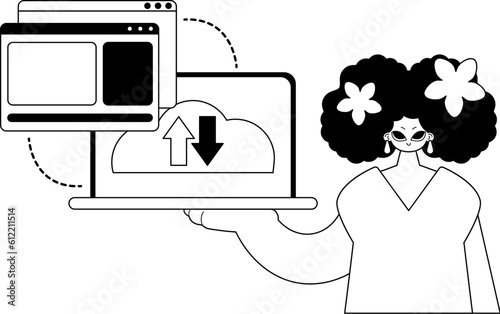 The female child with the browser that synchronizes the datum . Cloud repositing beginning . black and white ancestry artwork. Trendy style, Vector Illustration