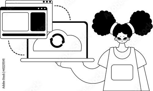 The female child with the browser that synchronizes the datum . Cloud repositing beginning . Black and white ancestry artwork. Trendy style, Vector Illustration