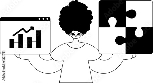 A man with a puzzle in her hand and a graph of moral force growth . black and white line art. Trendy style, Vector Illustration