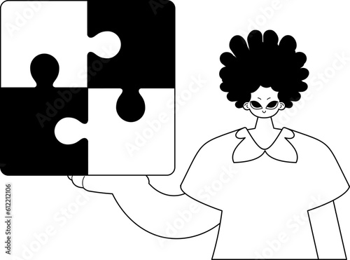 Man with a puzzle in her hand . black and White line art. Trendy style, Vector Illustration