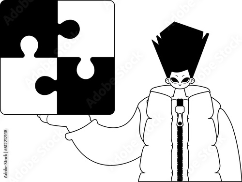 Man with a puzzle in her hand . Black and White cable art. Trendy style, Vector Illustration