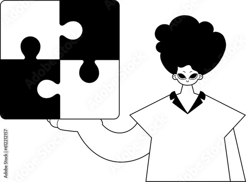 Man with a puzzle in her hand . total darkness and white cable art. Trendy style, Vector Illustration
