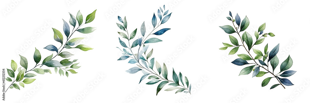 Watercolor leaves and branches illustration transparent background, PNG ,Generative AI	
