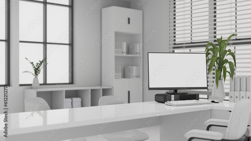 Fototapeta premium Interior design of a modern white office with computer mockup on a white desk.