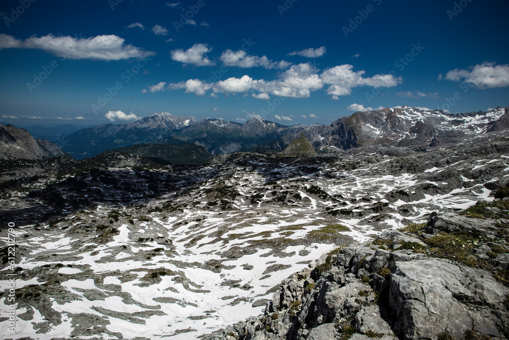 Picturesque panoramic view of the snowy Austrian Alps mountains. Popular hiking route. Alps, Austria