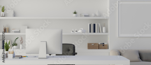 Interior design of a modern contemporary white office with computer desk