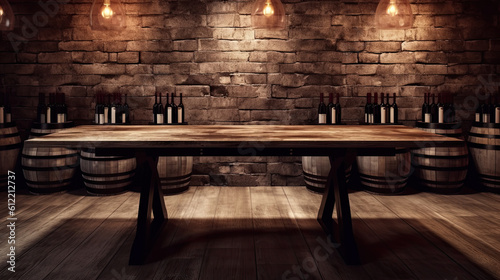 Wooden table with Wine barrels in wine-vaults in order on background Generative AI
