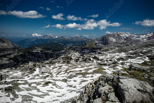 Picturesque panoramic view of the snowy Austrian Alps mountains. Popular hiking route. Alps, Austria