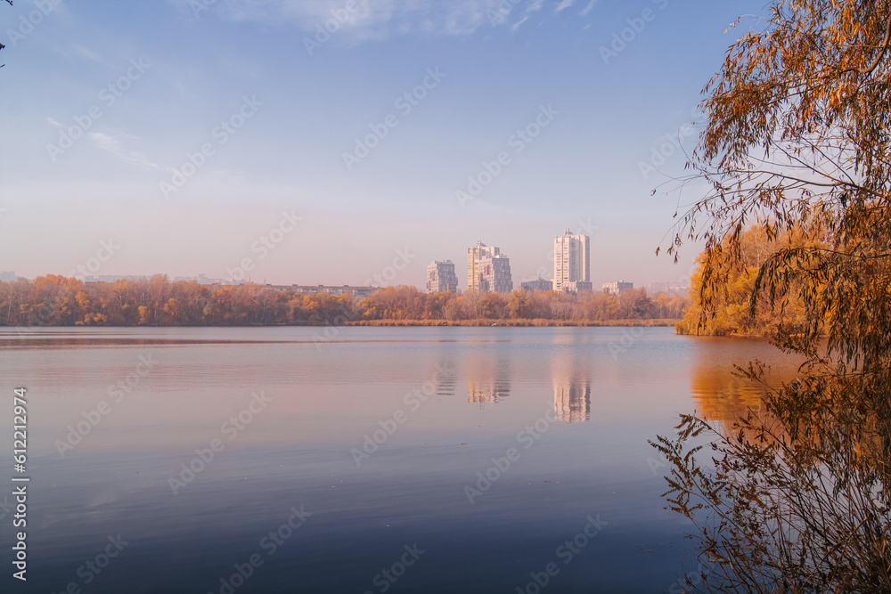 The Dnieper River in the City of Dnepr in autumn. Foggy morning. spit on the embankment of victory. Trees branches with yellow leaves, bird fishermen near the river