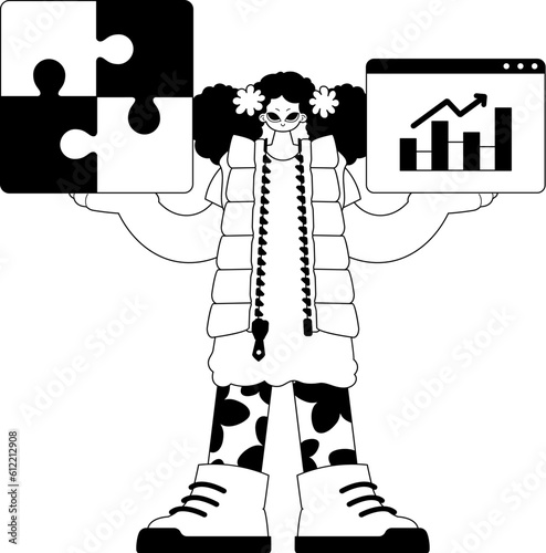 A girlfriend with a complicate in her handwriting and a graph of moral force emergence . black and white course artwork. Trendy style, Vector Illustration