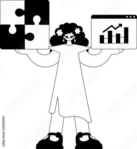 A girlfriend with a complicate in her handwrite and a graph of moral force emergence . black and White course artwork. Trendy style, Vector Illustration