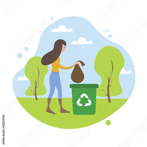 Young lady standing in park and put bag of garbage in bin with recycling logo. Volunteers taking care of environment. Waste recycling, clean planet concept. Flat vector illustration in green colors