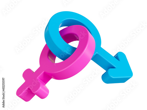 3d minimal couple relationship concept. male and female gender symbols hooked together. 3d illustration. photo