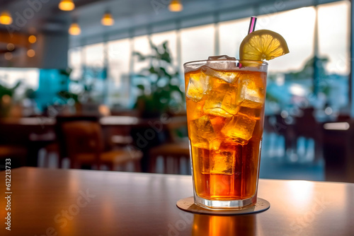 A glass of iced tea sits on a table in a bar IA generativa